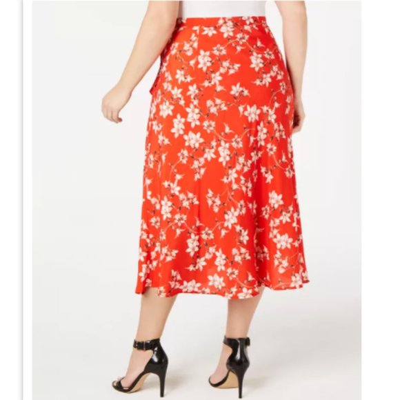 NWT Calvin Klein Ruffle Floral Midi Skirt Red 14 - Picture 2 of 4
